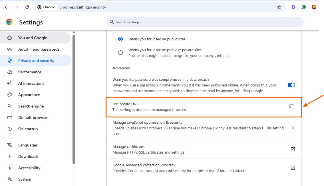 Use secure DNS setting in Google Chrome